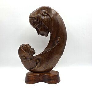 Vintage Mother Mary Madonna Baby Jesus Hand Carved Wooden Sculpture Decor MCM